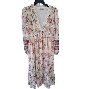 Penelope Rose Floral Maxi Dress XL Lace Trimmed Boho Long Sleeve Tiered Buttons